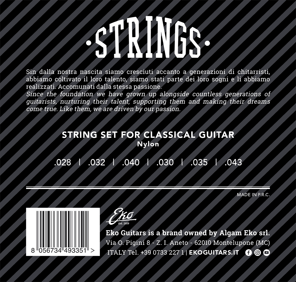 JEU DE CORDES GUITARE CLASSIQUE EKO CL2843M