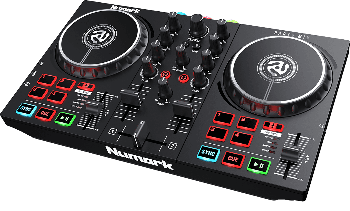 Numark Party Mix 2 – Contrôleur DJ 2 voies avec carte son, 8 pads et jeux de lumières