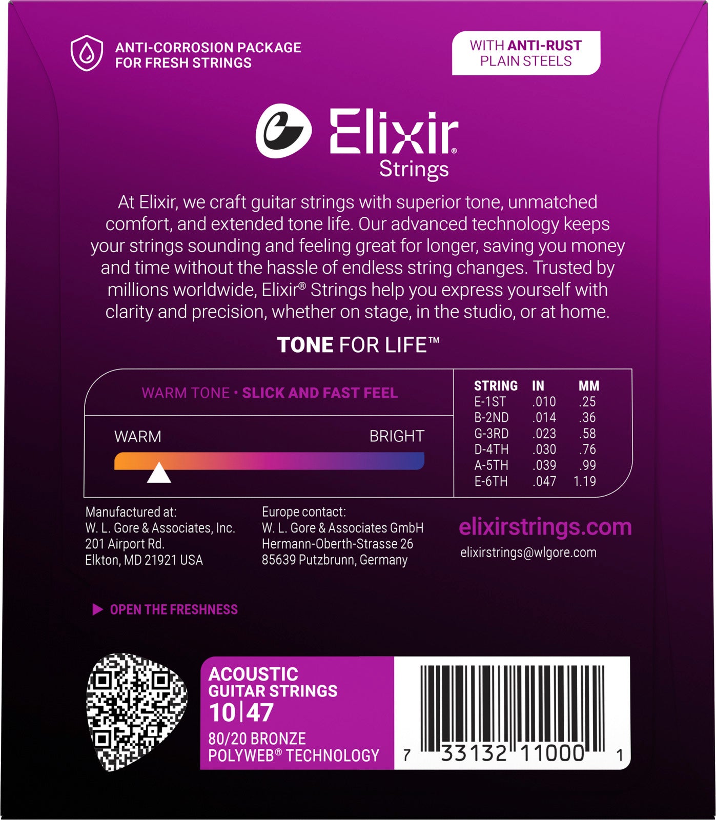 Jeu de cordes guitare acoustique ELIXIR 11000 Polyweb Bronze Extra Light 10-47
