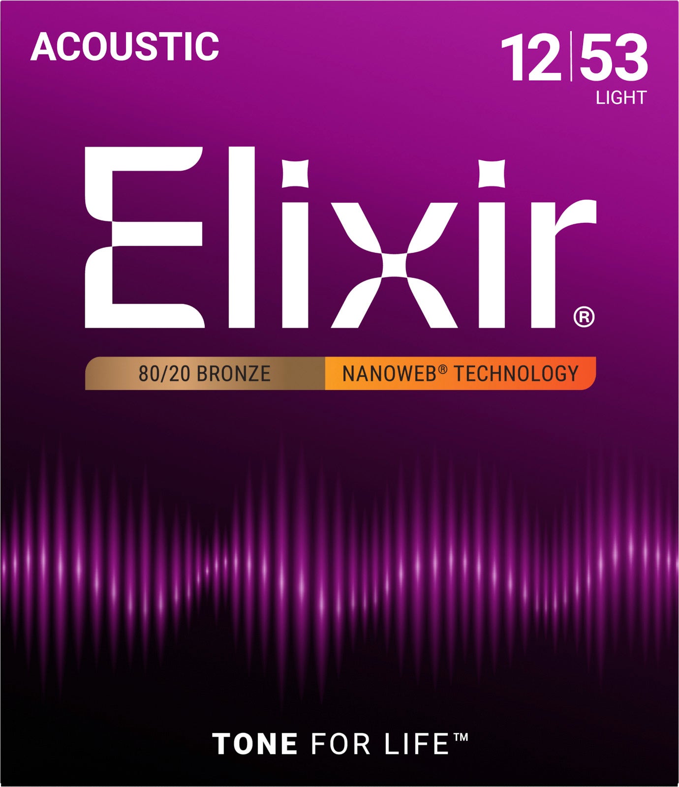 Jeu de Cordes Guitare Acoustique – ELIXIR 11052  Nanoweb 80/20 Bronze Light 12-53