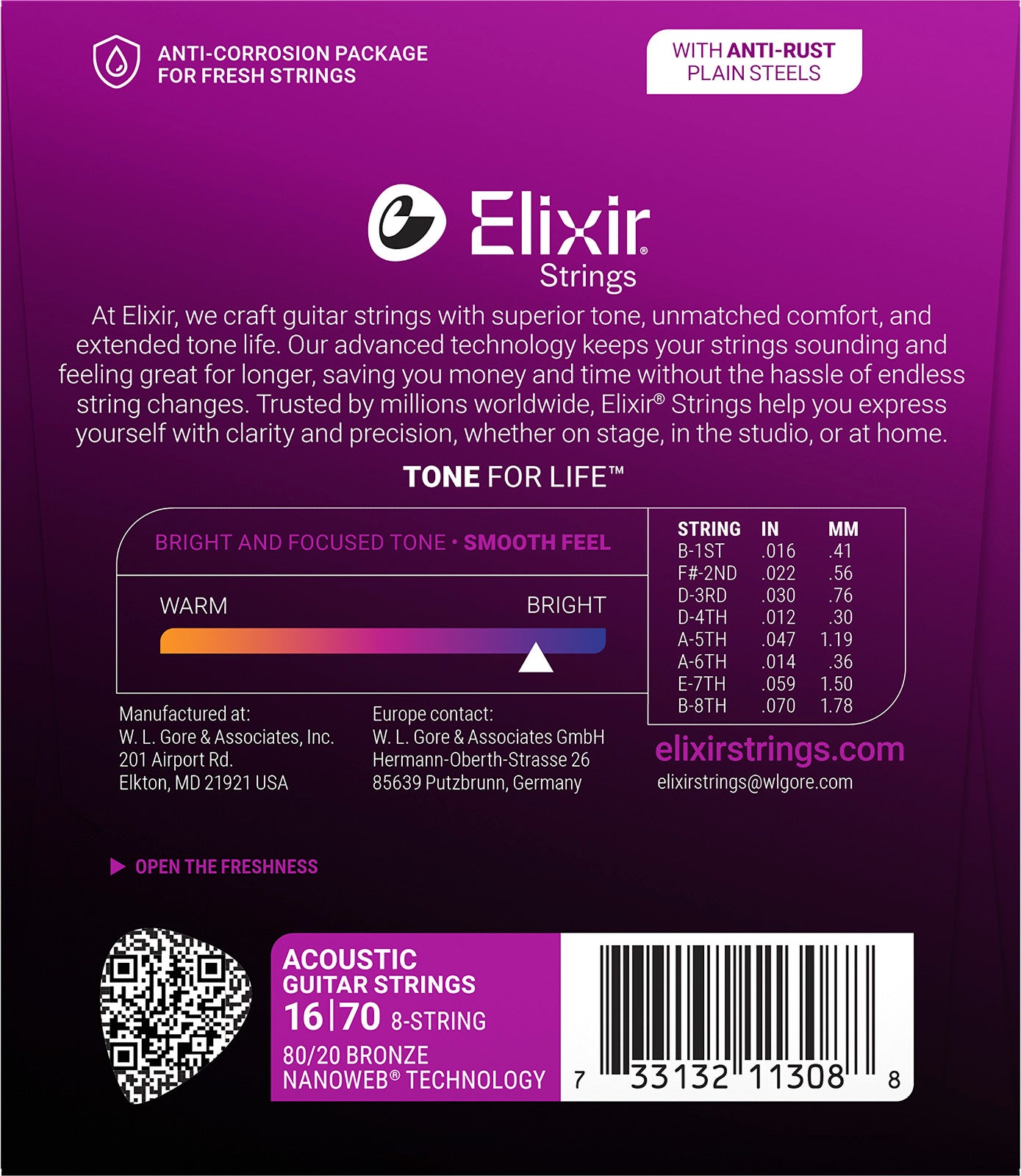 Jeu de Cordes Bariton 8 Cordes NANOWEB Bronze 16-70 – ELIXIR 11308