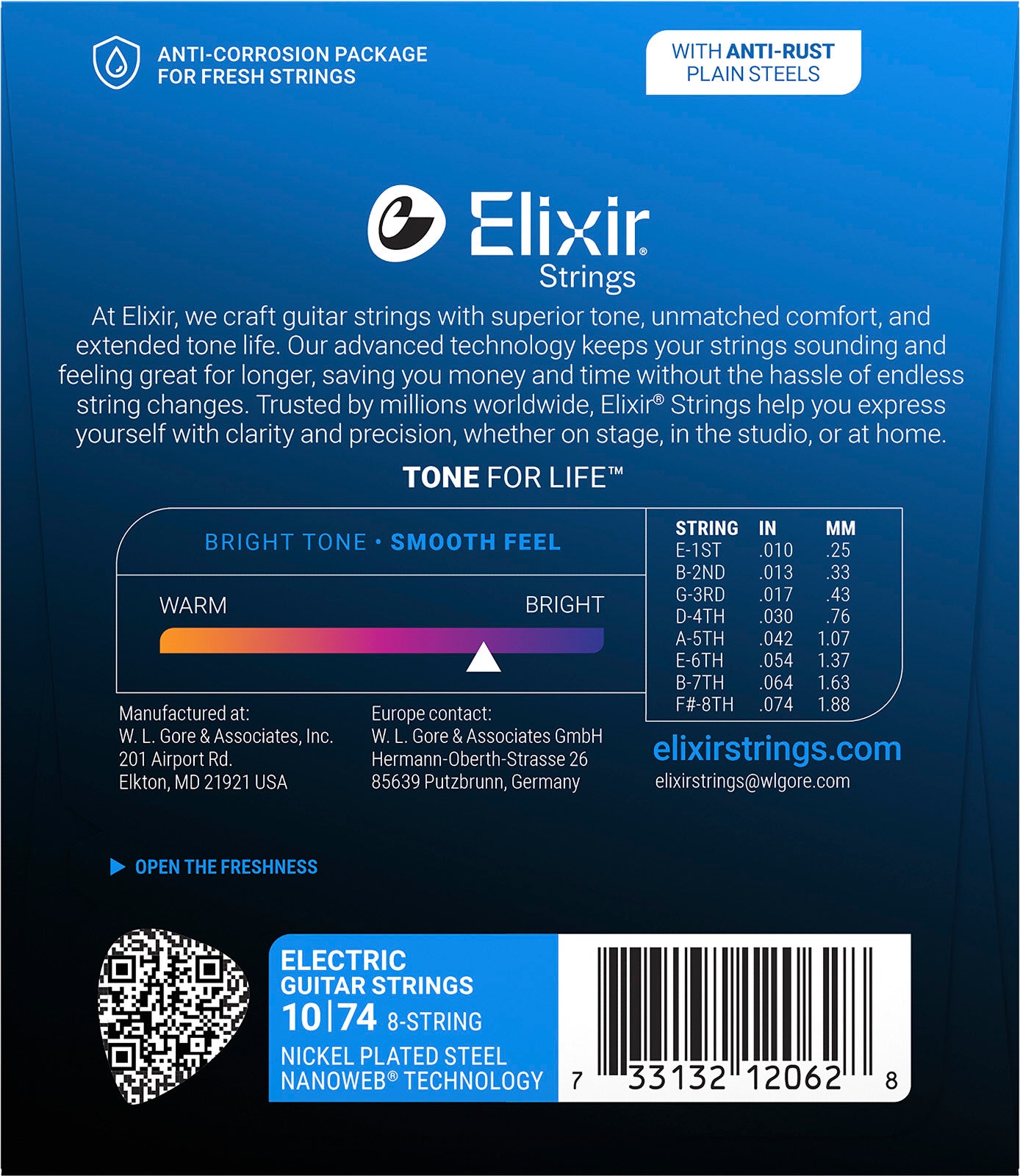 Jeu de cordes guitare électrique ELIXIR 12062 NANOWEB – 8 cordes Light 10-74