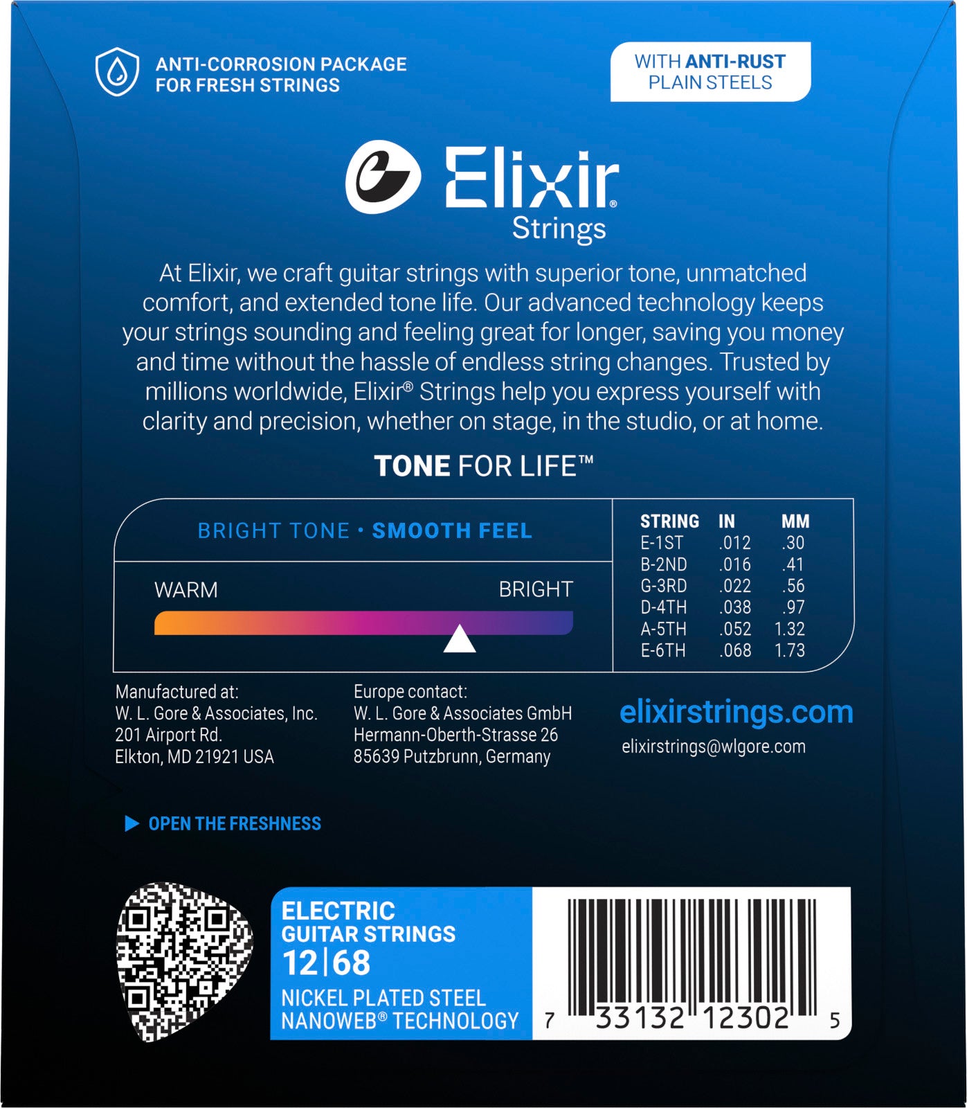 Jeu de cordes guitare électrique ELIXIR 12302 NANOWEB Baritone 12-68