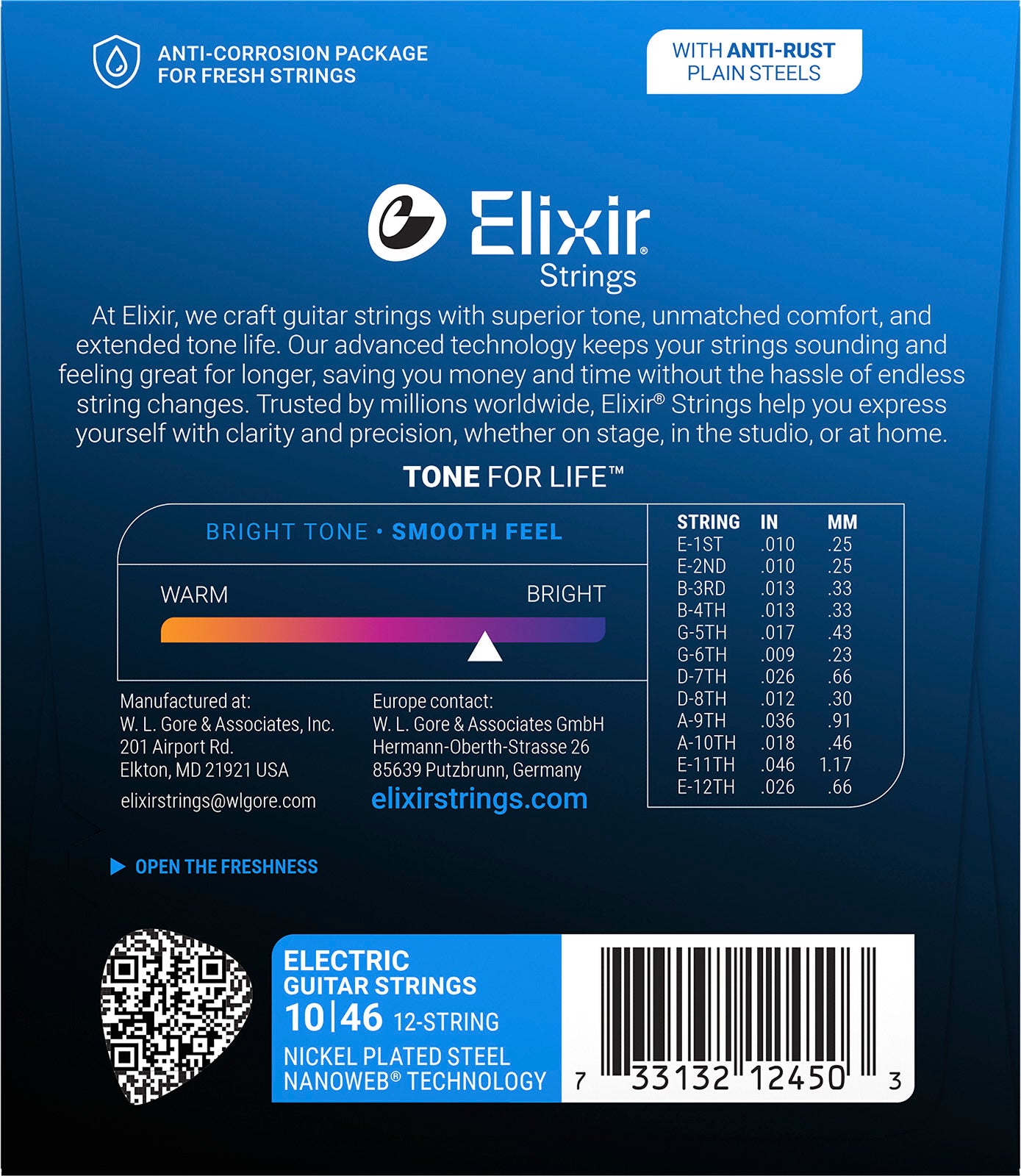 Jeu de cordes guitare électrique 12 cordes ELIXIR 12450 Nanoweb Light 10-46
