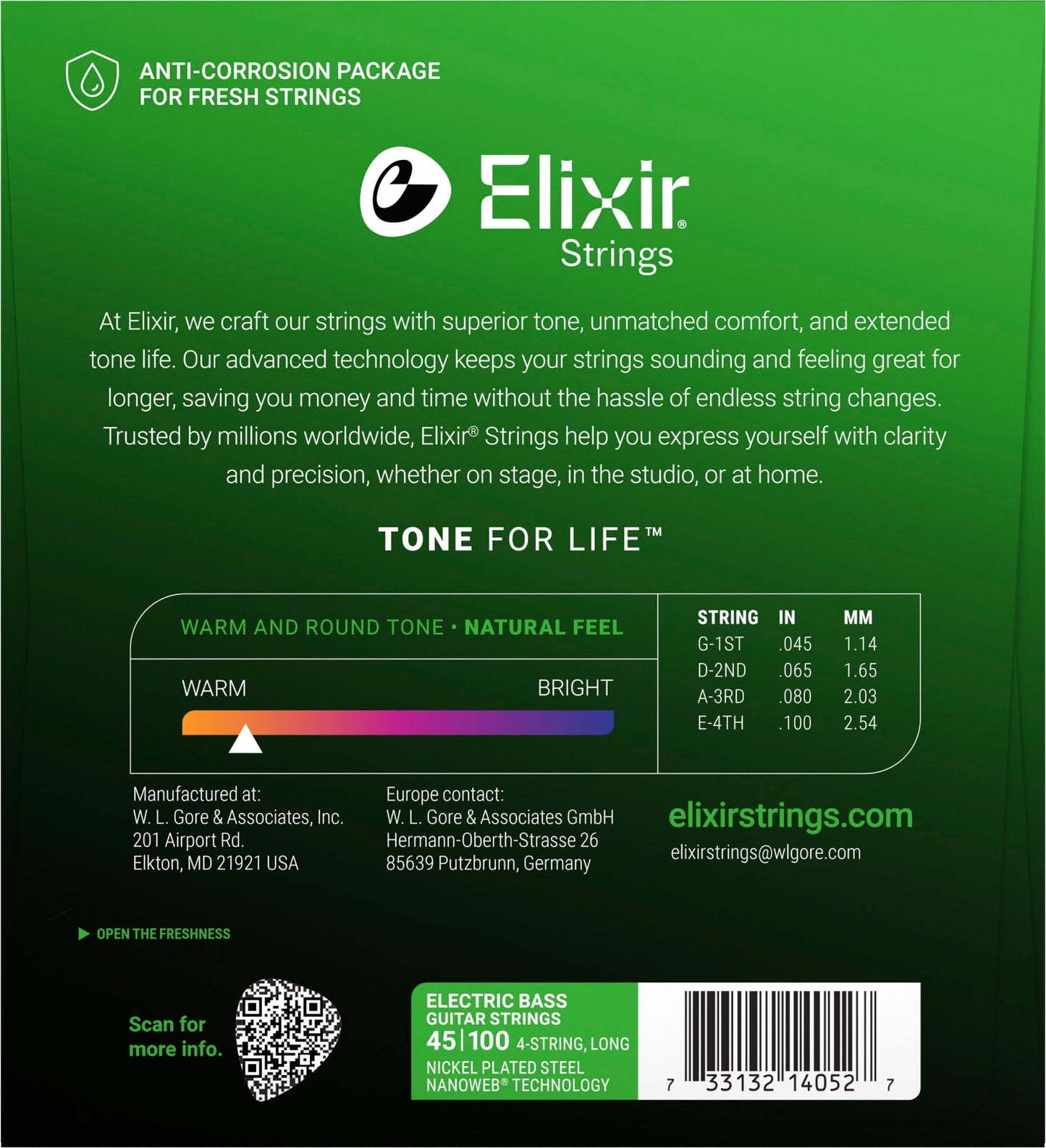 Jeu de cordes pour basse électrique ELIXIR 14052 Nanoweb Nickel Light 45-100