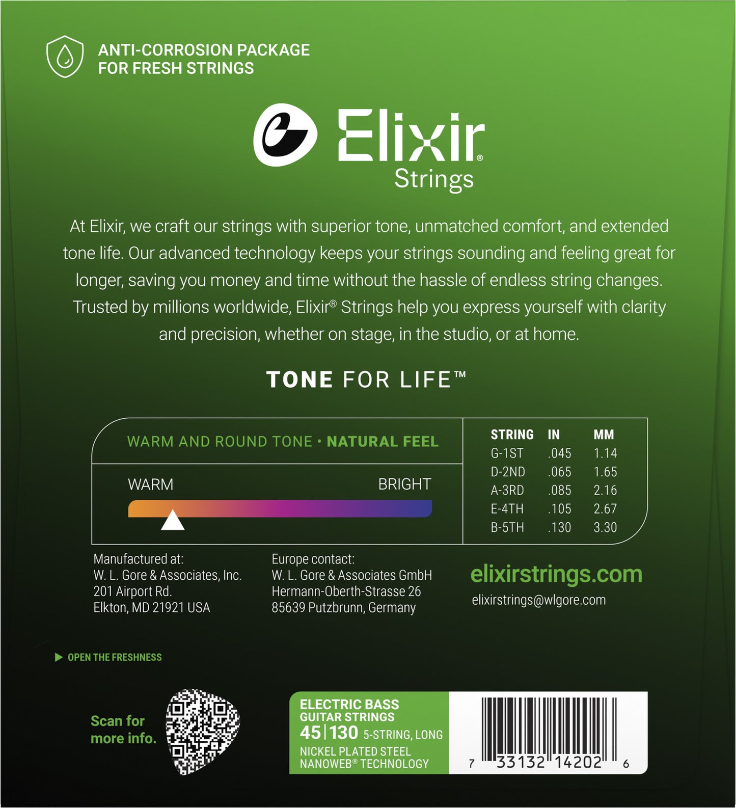Jeu de cordes basse électrique ELIXIR 14202 Nanoweb Nickel – 5 cordes Light 45-130