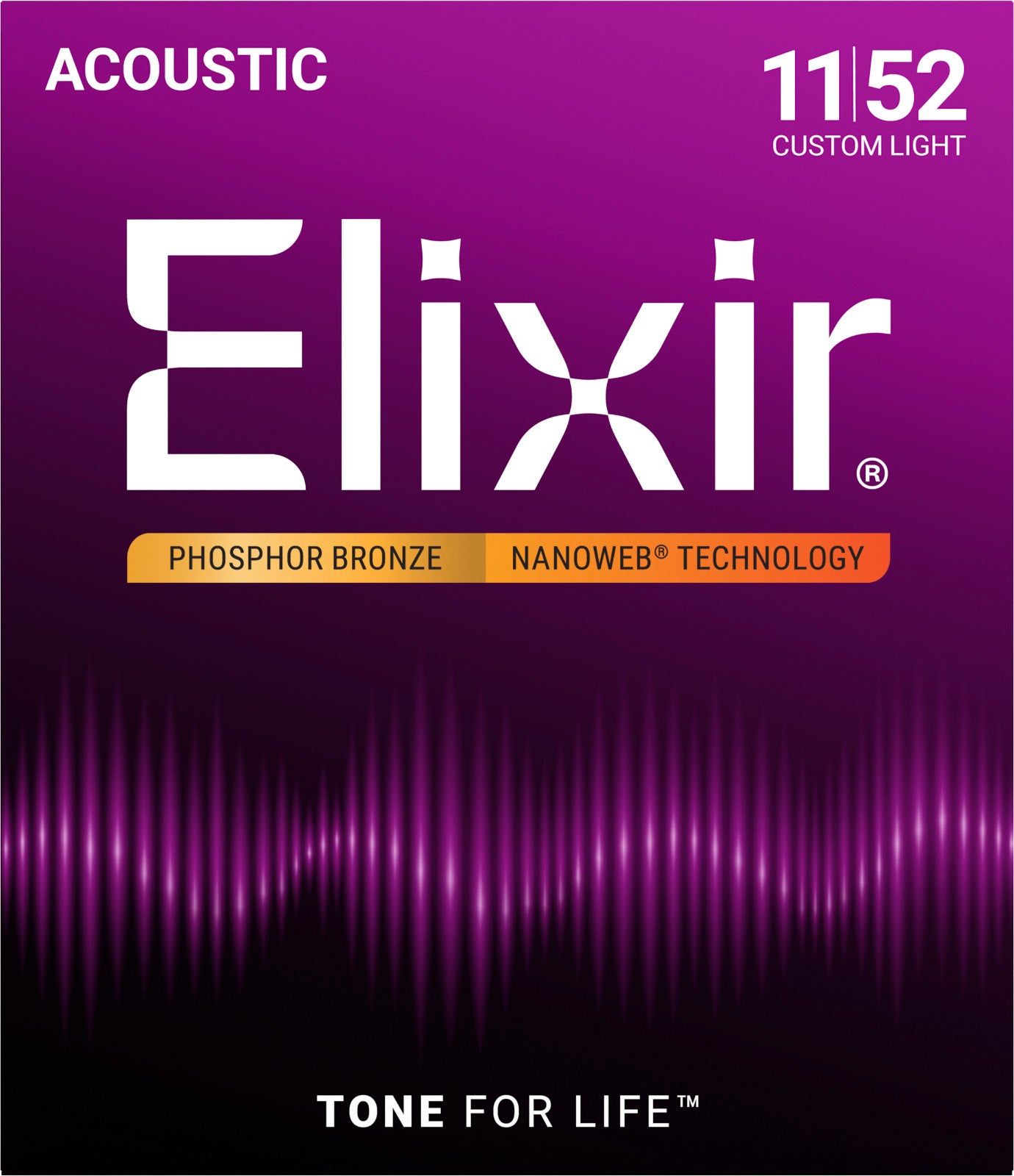 Jeu de Cordes Guitare Acoustique Elixir 16027 NANOWEB Phosphore Bronze Custom Light 11-52