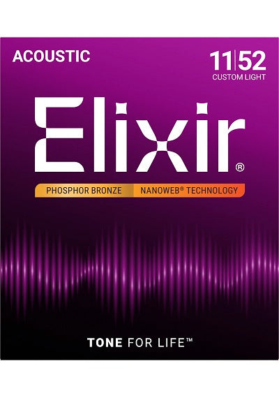 Jeu de Cordes Guitare Acoustique Elixir 16027 NANOWEB Phosphore Bronze Custom Light 11-52