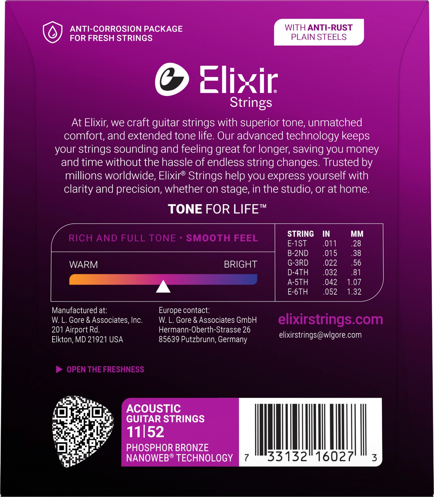 Jeu de Cordes Guitare Acoustique Elixir 16027 NANOWEB Phosphore Bronze Custom Light 11-52