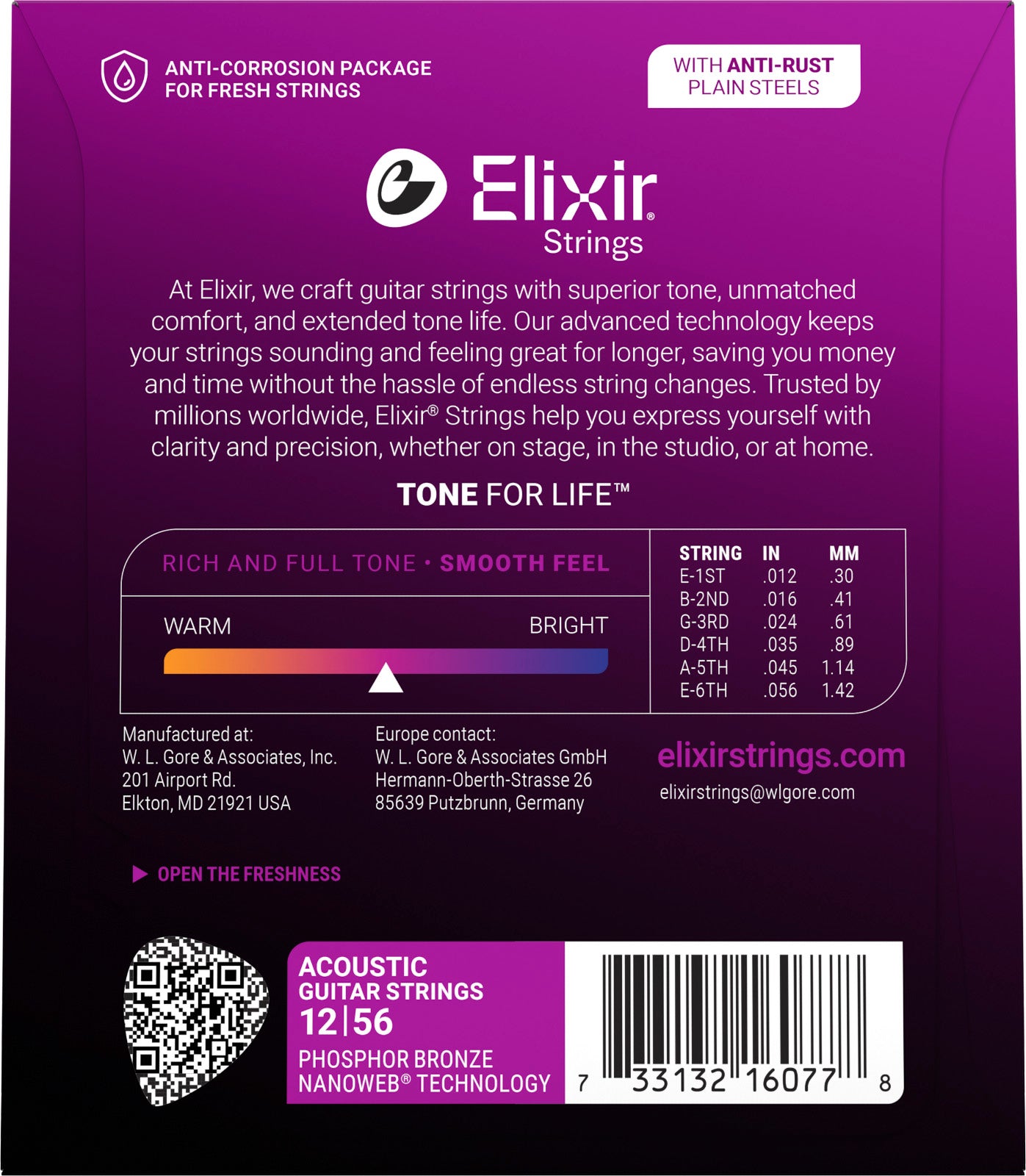 Jeu de Cordes Guitare Acoustique – Elixir 16077 Nanoweb Phosphor Bronze 12-56 Medium Light