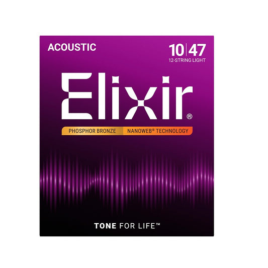 Jeu de Cordes Guitare Acoustique 12 Cordes – Elixir 16152 NANOWEB Phosphor Bronze Light 10-47