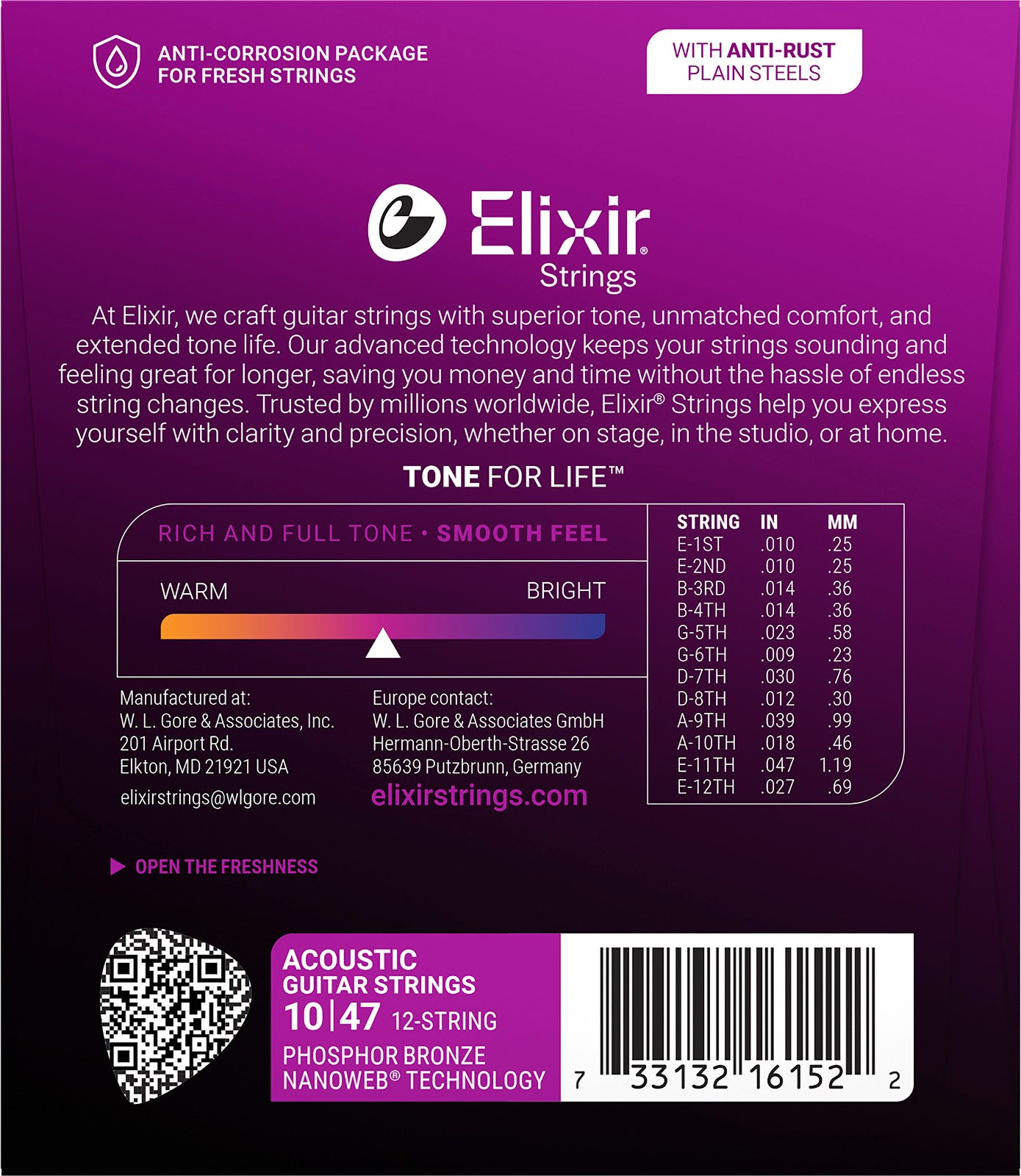 Jeu de Cordes Guitare Acoustique 12 Cordes – Elixir 16152 NANOWEB Phosphor Bronze Light 10-47