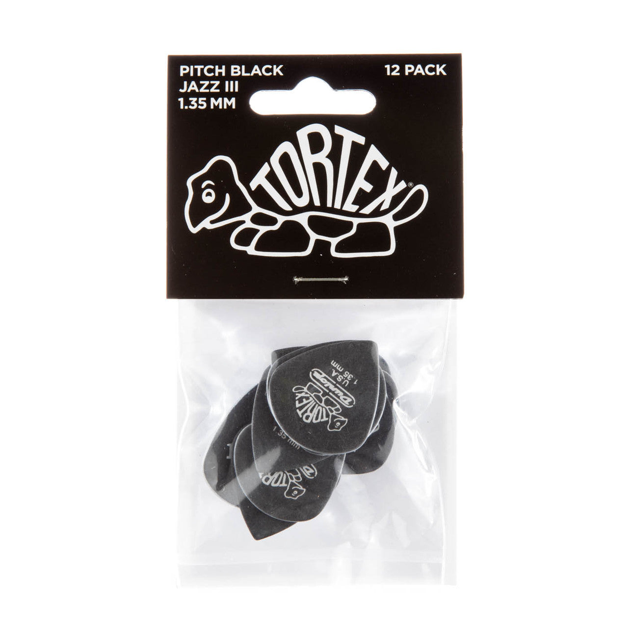 Player’s Pack de 12 médiators Dunlop Tortex Pitch Black Jazz III 1.35 mm 482P135
