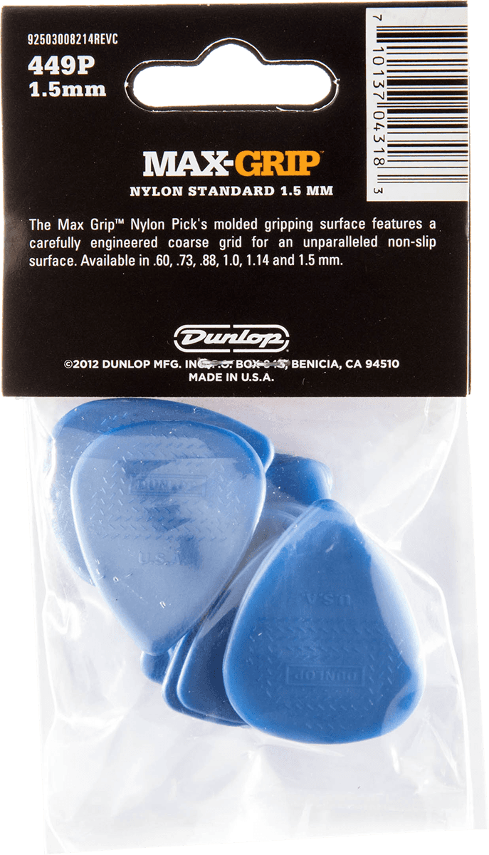 Lot de 12 médiators Dunlop Nylon Max-Grip 1.50mm 449P150