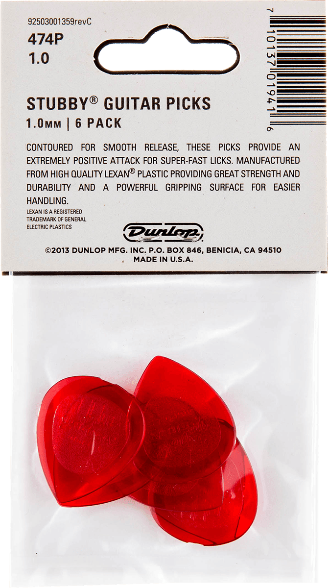 Dunlop 474P100 Player’s Pack – 6 médiators Stubby Jazz 1.0 mm