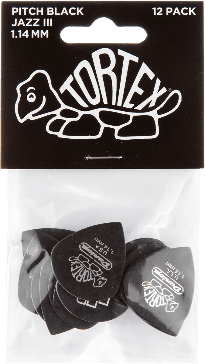 Player’s Pack de 12 médiators Dunlop Tortex Pitch Black Jazz III 1.14 mm 482P114