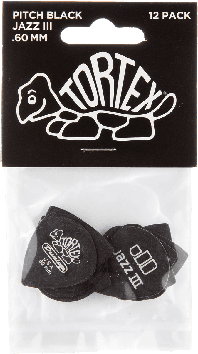 Player’s Pack de 12 médiators Dunlop Tortex Pitch Black Jazz III 0.60 mm 482P60
