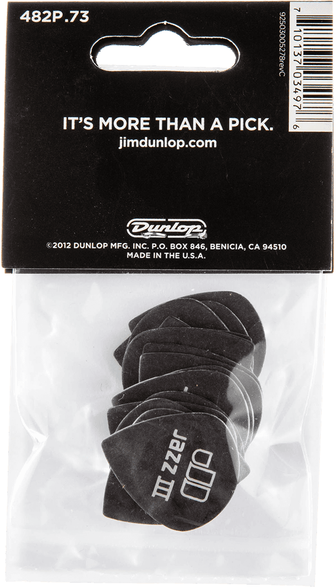 Player’s Pack de 12 médiators Dunlop Tortex Pitch Black Jazz III 0.73 mm 482P73