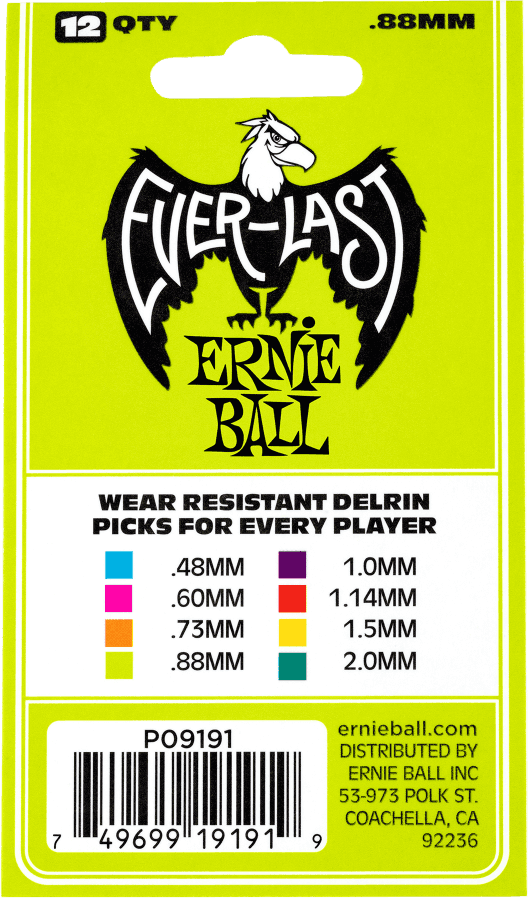 Pack de 12 médiators Ernie Ball Everlast 0.88 mm – Réf. 9191