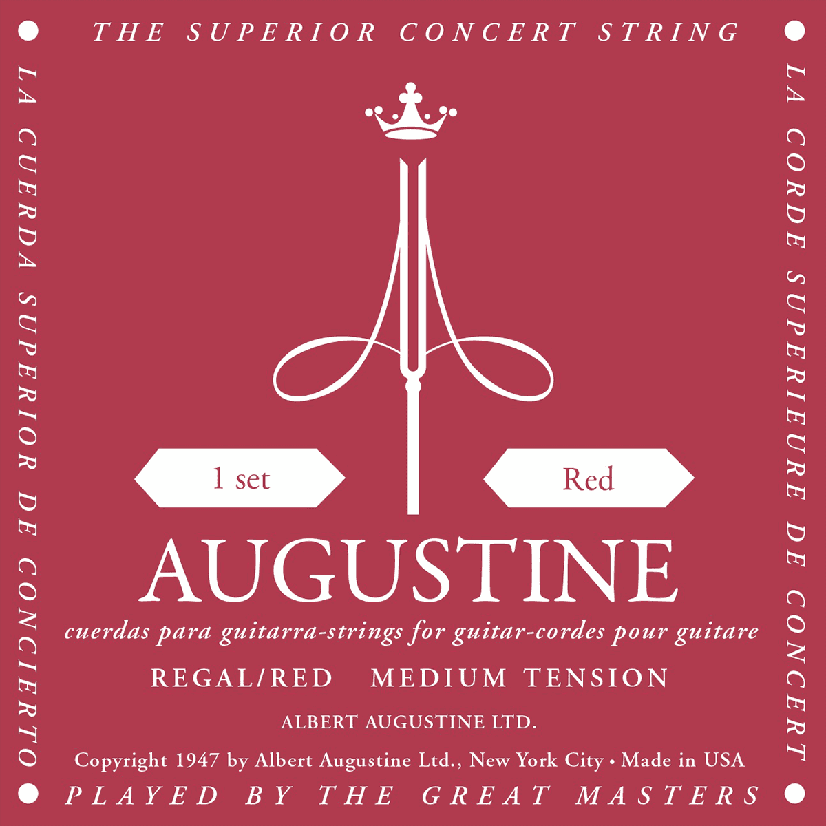 Jeu de cordes pour guitare classique AUGUSTINE Regal Rouge – Tirant Normal – Crystal Nylon / Filé Argent