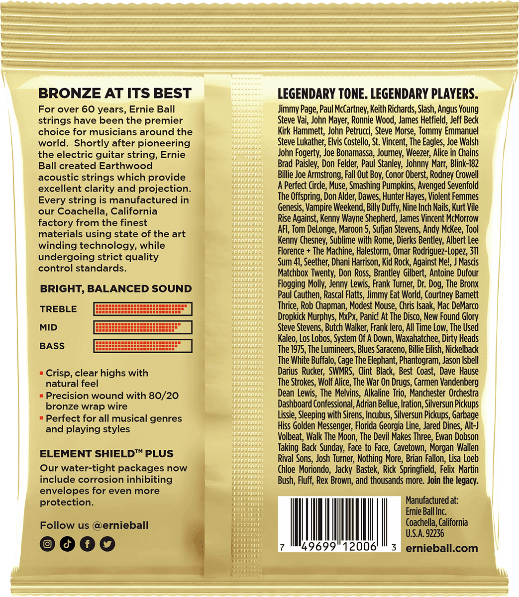 Jeu de cordes ERNIE BALL 2006 Earthwood Bronze – guitare acoustique – Extra Light 10-50