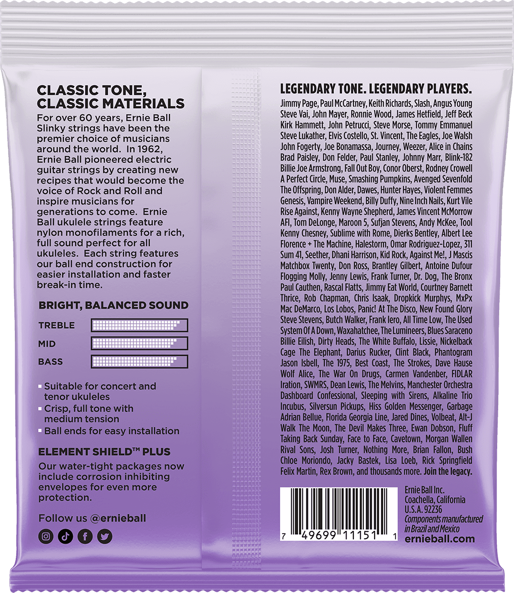 ERNIE BALL 2327 – Jeu de cordes Ukulélé Concert ou Ténor Nylon noir à boule – Sol filé 28-40