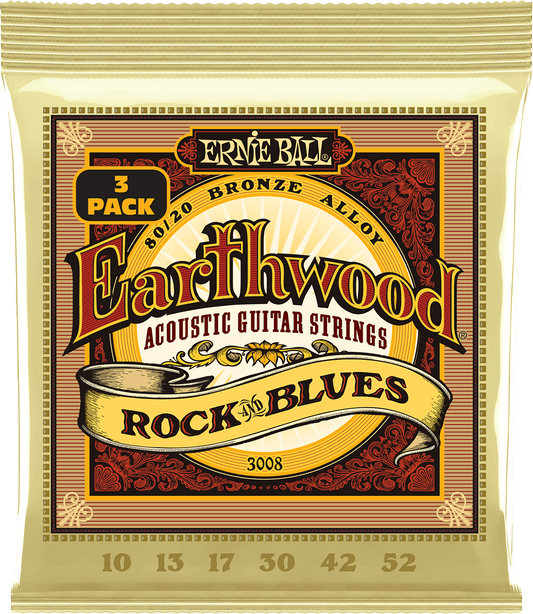 ERNIE BALL Earthwood 3008 Rock & Blues 10-52 Bronze – Pack de 3 jeux de cordes guitare acoustique