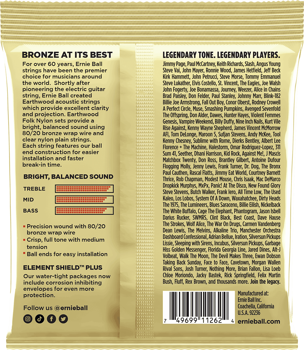ERNIE BALL Earthwood 3069 Folk Nylon à boule 28-42 – Pack de 3 jeux de cordes guitare acoustique