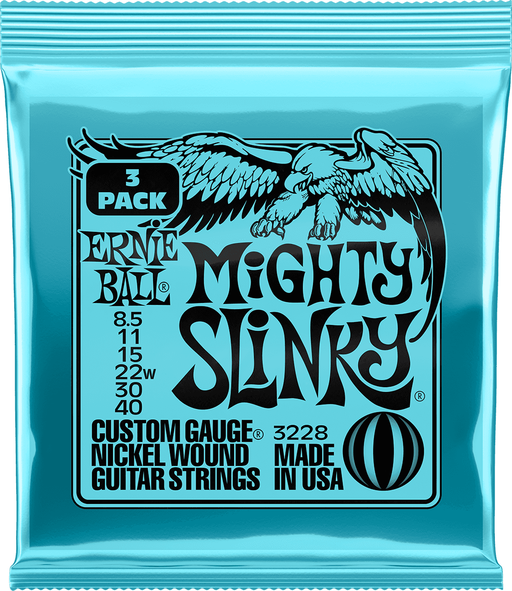 ERNIE BALL 3228 PACK DE 3 JEUX MIGHTY SLINKY - JEU DE CORDES GUITARE ELECTRIQUE 8.5 - 40