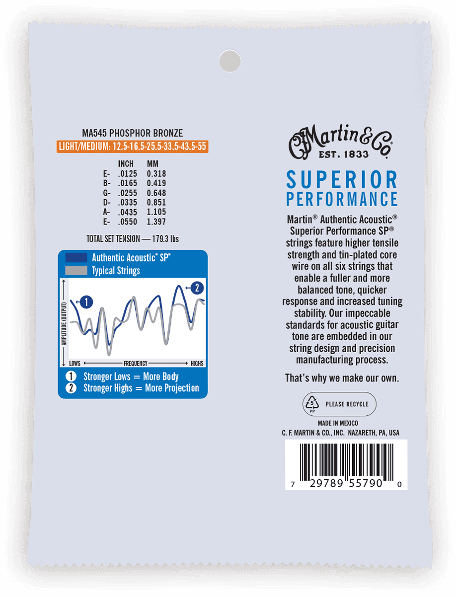 Jeu de cordes guitare acoustique Martin Authentic SP Phosphor Bronze MA545 – 12.5-55