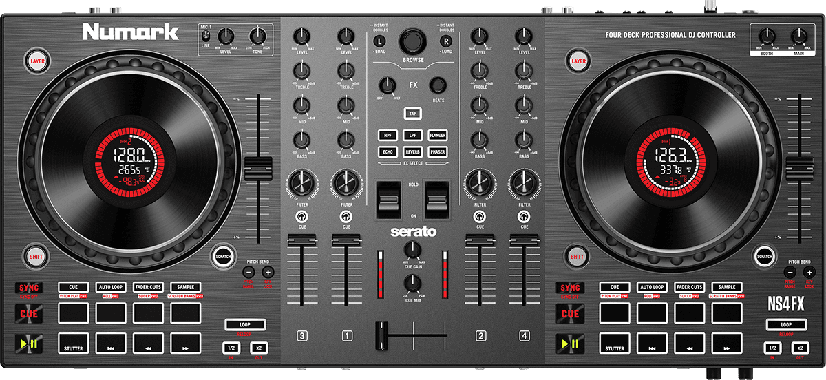 Numark NS4FX – Contrôleur DJ 4 voies avec carte son et écrans