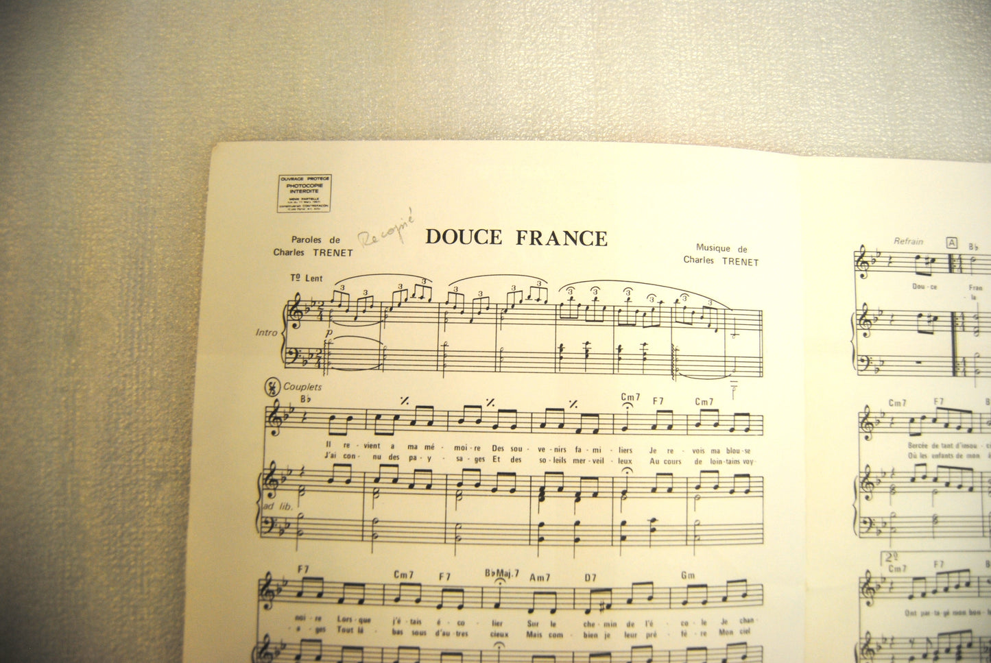 Partition DOUCE FRANCE - piano chant - OCCASION