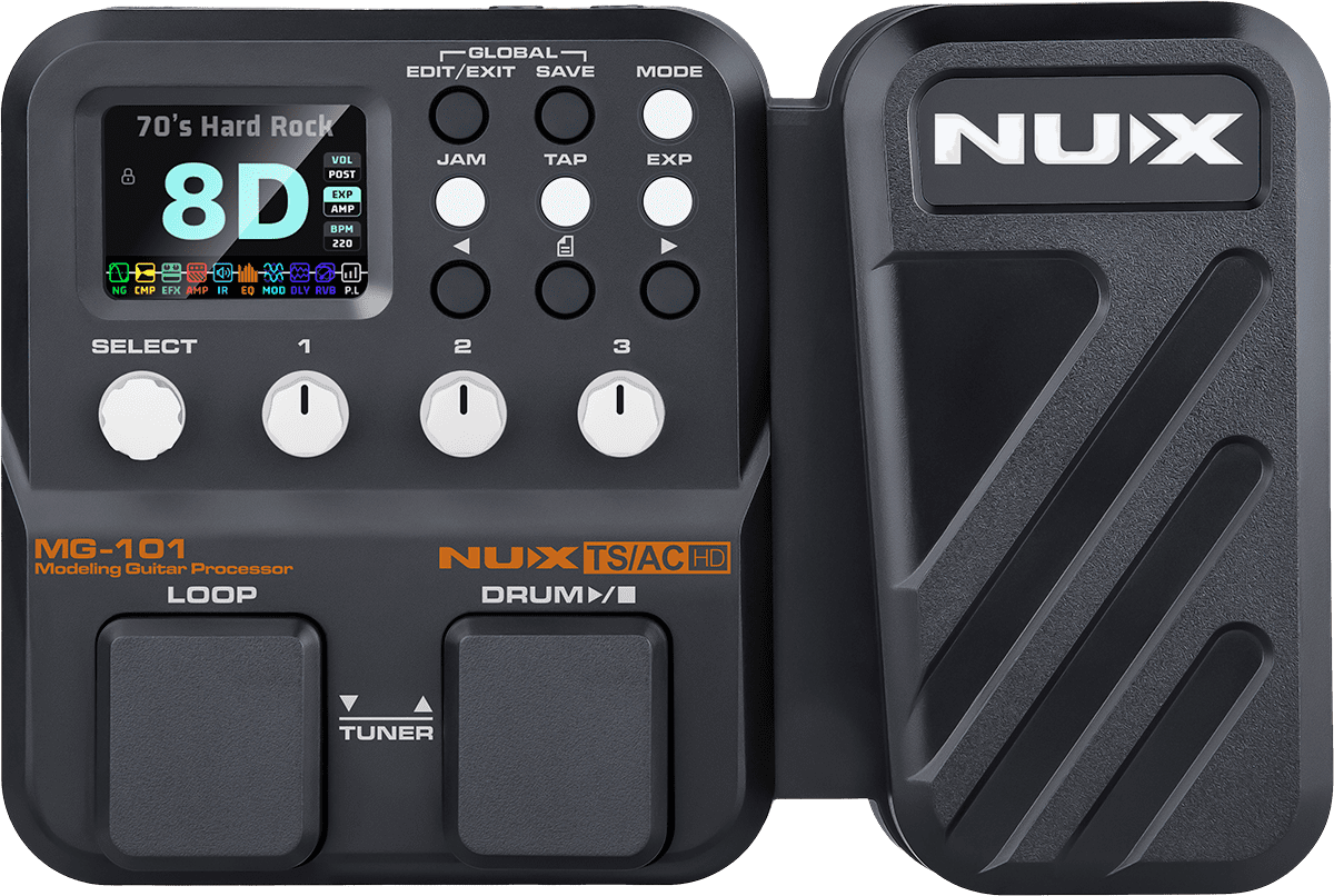 MULTI-EFFETS GUITARE COMPACT 2 SWITCHS + PEDALE D'EXPRESSION NUX MG101