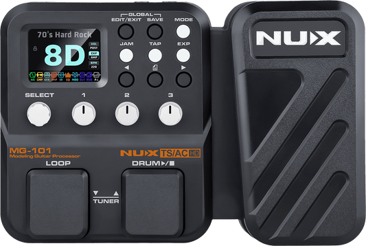 MULTI-EFFETS GUITARE COMPACT 2 SWITCHS + PEDALE D'EXPRESSION NUX MG101