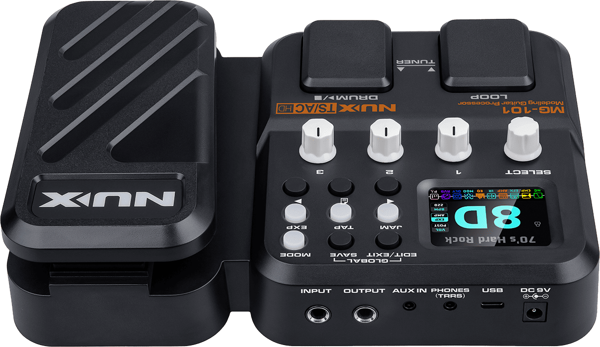 MULTI-EFFETS GUITARE COMPACT 2 SWITCHS + PEDALE D'EXPRESSION NUX MG101