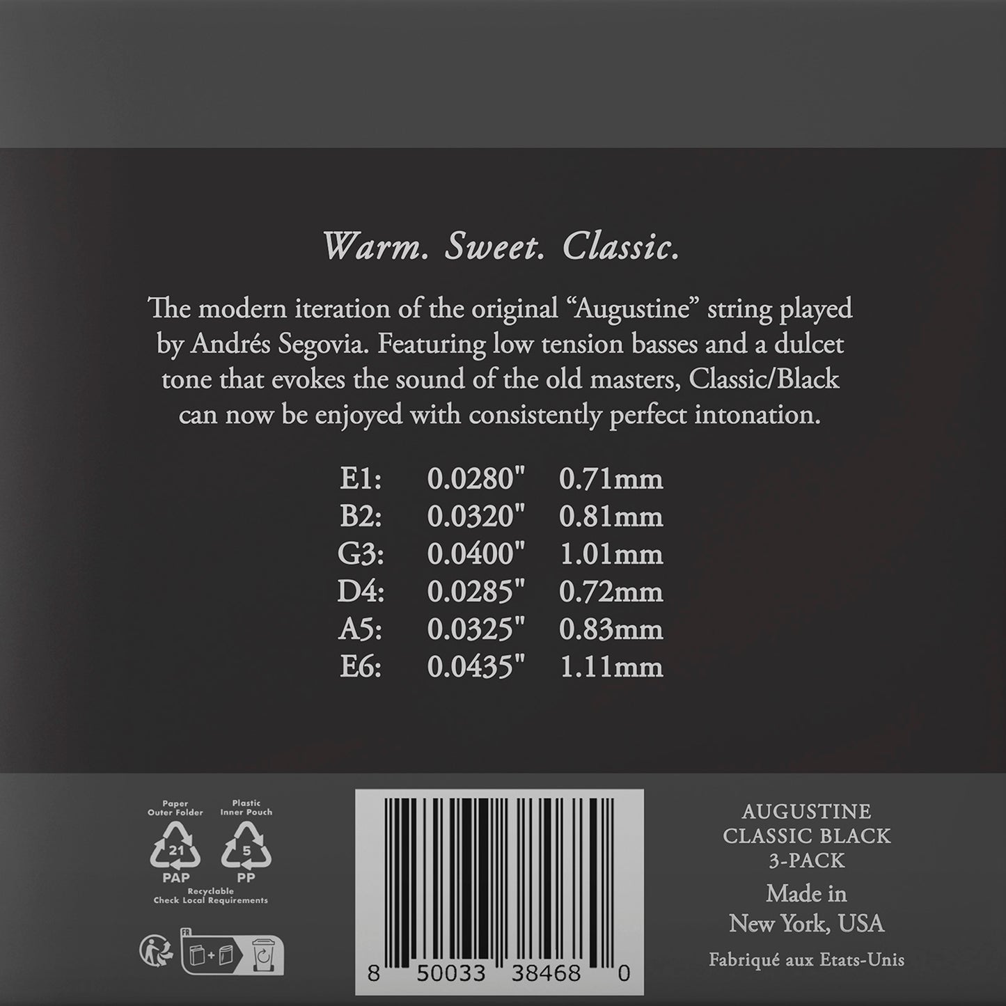 Pack de 3 jeux de cordes guitare classique AUGUSTINE Classic Noir – Tirant Faible