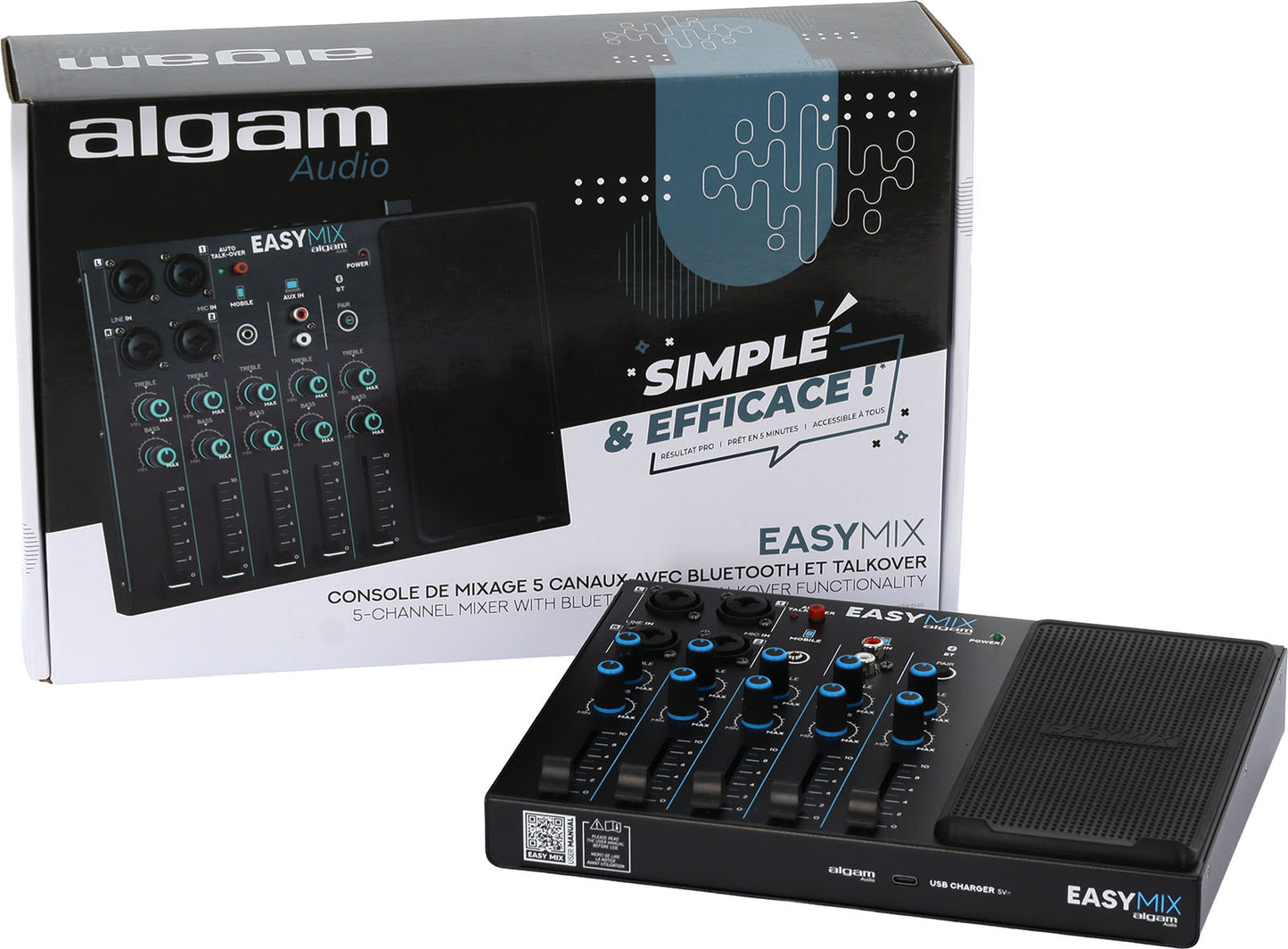 ALGAM AUDIO EasyMix – Console de mixage 5 canaux avec Bluetooth et fonction Talkover