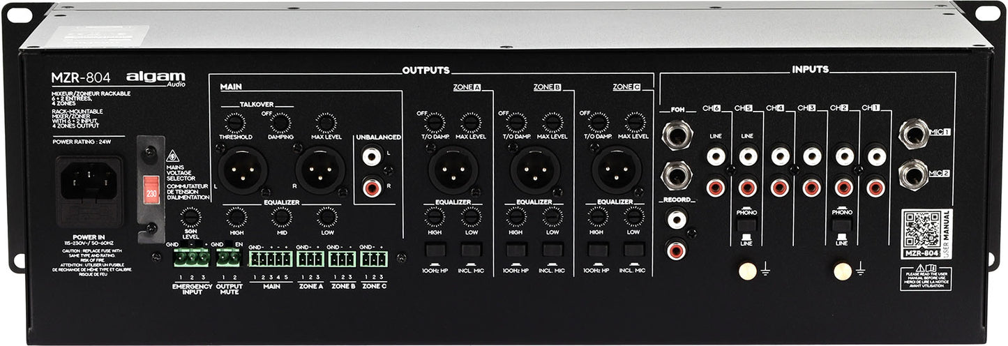 ALGAM AUDIO MZR 804 – Mixeur zoneur 6 + 2 entrées, 4 zones rackable